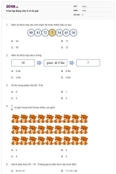 8 bài tập Bảng chia 9 có lời giải