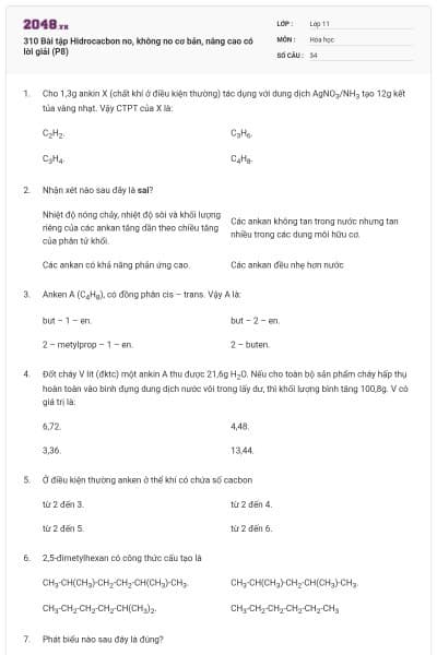 310 Bài tập Hidrocacbon no, không no cơ bản, nâng cao có lời giải (P8)