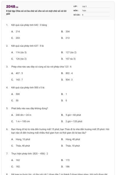 8 bài tập Chia số có ba chữ số cho số có một chữ số có lời giải