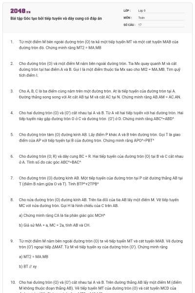 Bài tập Góc tạo bởi tiếp tuyến và dây cung có đáp án