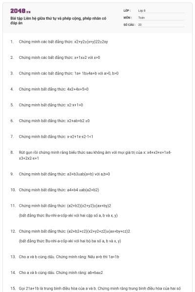 Bài tập Liên hệ giữa thứ tự và phép cộng, phép nhân có đáp án