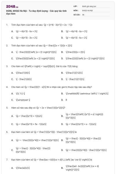 ĐGNL ĐHQG Hà Nội - Tư duy định lượng - Các quy tắc tính đạo hàm
