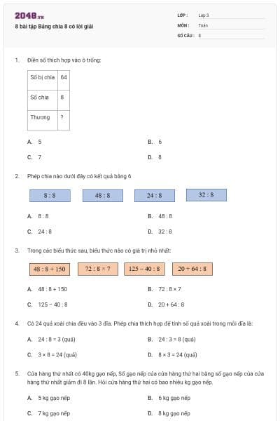 8 bài tập Bảng chia 8 có lời giải