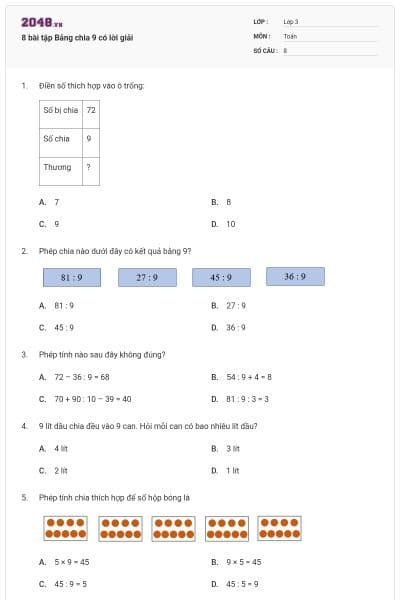 8 bài tập Bảng chia 9 có lời giải