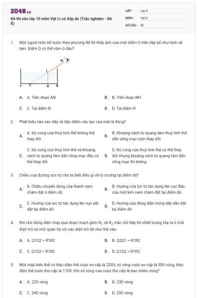 Đề thi vào lớp 10 môn Vật Lí có đáp án (Trắc nghiệm - Đề 8)