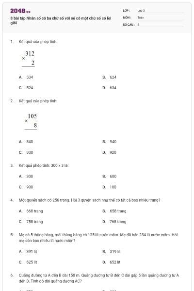 8 bài tập Nhân số có ba chữ số với số có một chữ số có lời giải