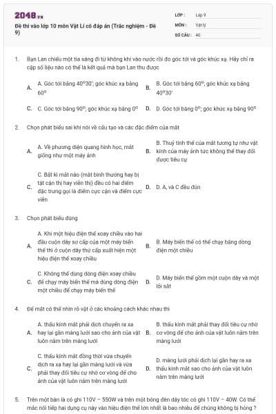 Đề thi vào lớp 10 môn Vật Lí có đáp án (Trắc nghiệm - Đề 9)