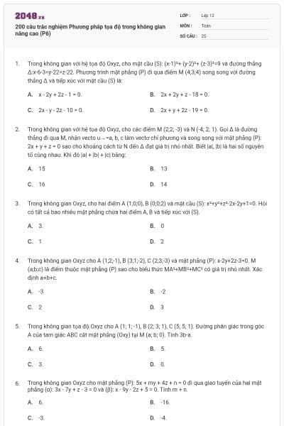 200 câu trắc nghiệm Phương pháp tọa độ trong không gian nâng cao (P6)
