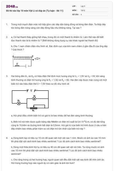 Đề thi vào lớp 10 môn Vật Lí có đáp án (Tự luận - Đề 11)