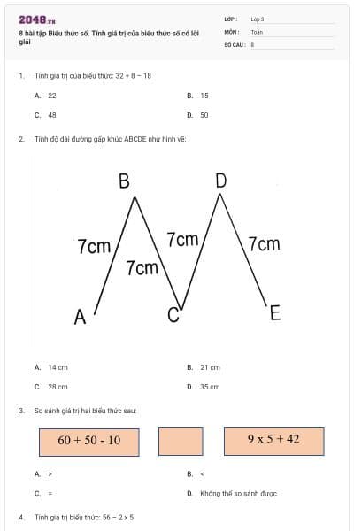 8 bài tập Biểu thức số. Tính giá trị của biểu thức số có lời giải