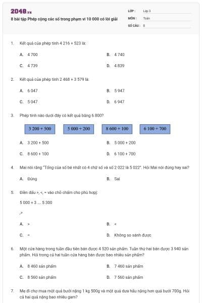 8 bài tập Phép cộng các số trong phạm vi 10 000 có lời giải