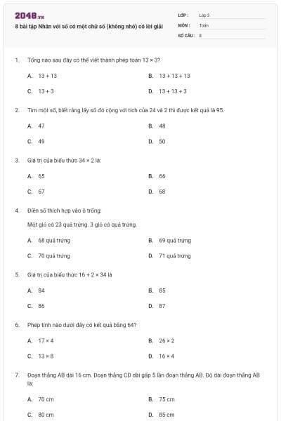 8 bài tập Nhân với số có một chữ số (không nhớ) có lời giải