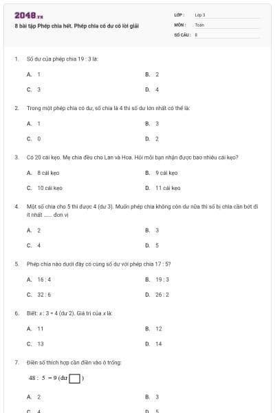 8 bài tập Phép chia hết. Phép chia có dư có lời giải