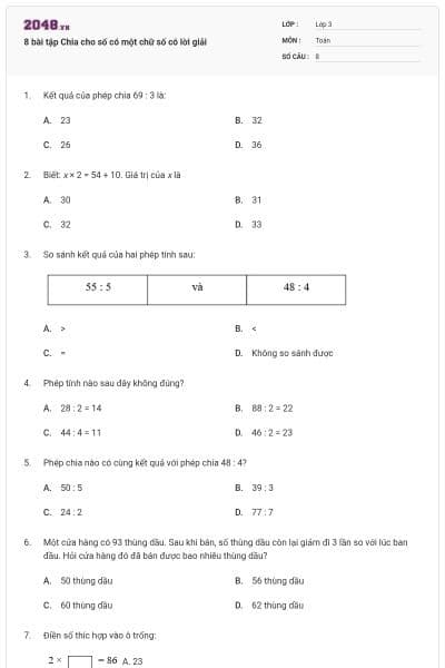 8 bài tập Chia cho số có một chữ số có lời giải