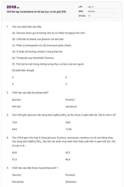 200 Bài tập Cacbohidrat ôn thi Đại học có lời giải (P8)