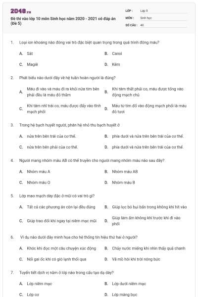 Đề thi vào lớp 10 môn Sinh học năm 2020 - 2021 có đáp án (Đề 5)