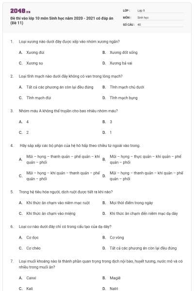 Đề thi vào lớp 10 môn Sinh học năm 2020 - 2021 có đáp án (Đề 11)
