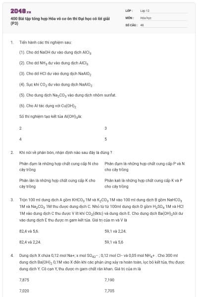400 Bài tập tổng hợp Hóa vô cơ ôn thi Đại học có lời giải (P3)
