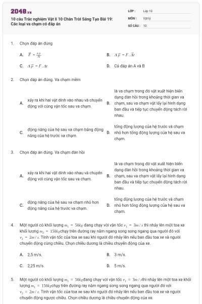 10 câu Trắc nghiệm Vật lí 10 Chân Trời Sáng Tạo Bài 19: Các loại va chạm có đáp án