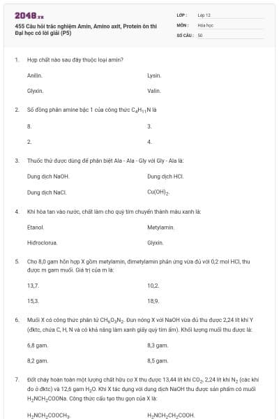 455 Câu hỏi trắc nghiệm Amin, Amino axit, Protein ôn thi Đại học có lời giải (P5)