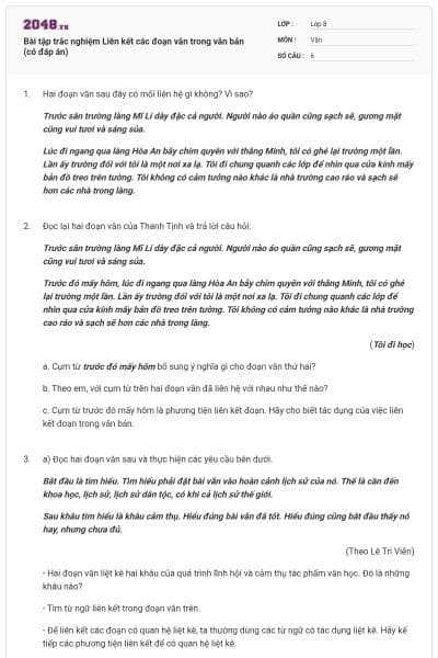 Bài tập trắc nghiệm Liên kết các đoạn văn trong văn bản (có đáp án)