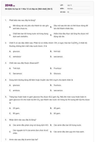 Đề kiểm tra học kì 1 Hóa 12 có đáp án (Mới nhất) (Đề 5)