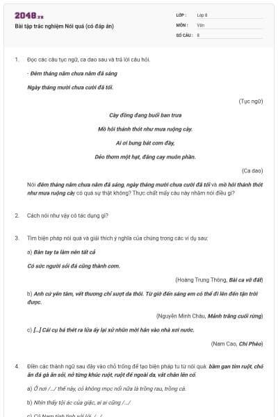 Bài tập trắc nghiệm Nói quá (có đáp án)