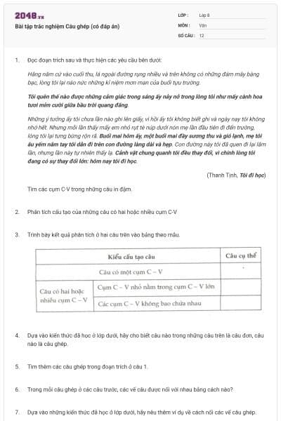 Bài tập trắc nghiệm Câu ghép (có đáp án)