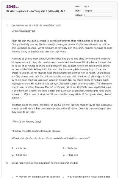 Đề kiểm tra giữa kì 2 môn Tiếng Việt 5 (Mới nhất)_ đề 3