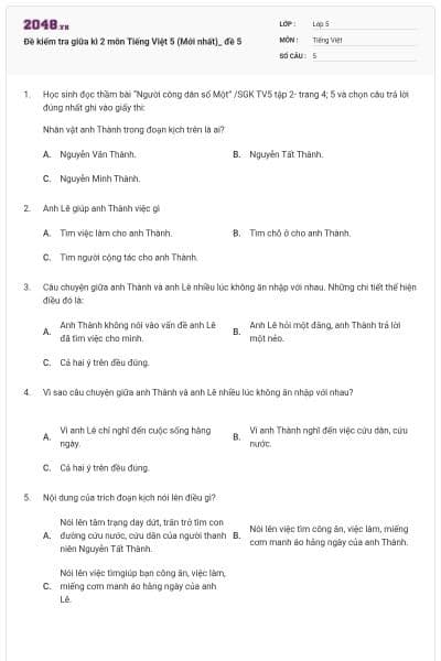 Đề kiểm tra giữa kì 2 môn Tiếng Việt 5 (Mới nhất)_ đề 5
