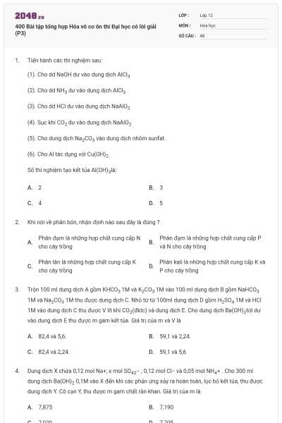 400 Bài tập tổng hợp Hóa vô cơ ôn thi Đại học có lời giải (P3)