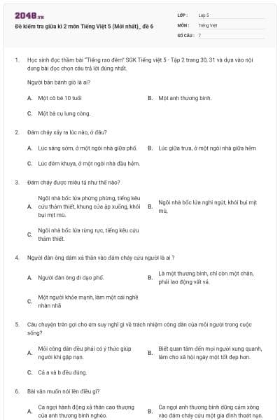 Đề kiểm tra giữa kì 2 môn Tiếng Việt 5 (Mới nhất)_ đề 6