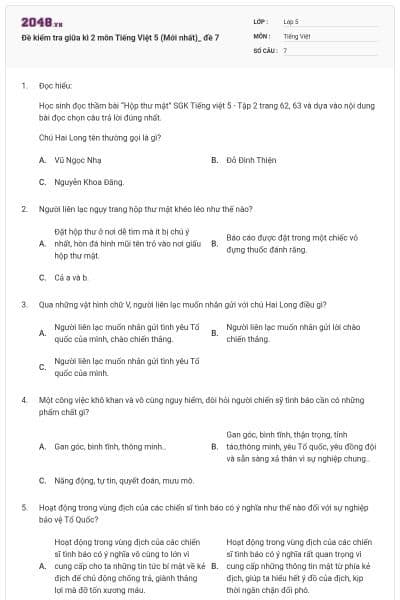 Đề kiểm tra giữa kì 2 môn Tiếng Việt 5 (Mới nhất)_ đề 7
