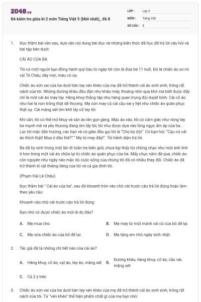 Đề kiểm tra giữa kì 2 môn Tiếng Việt 5 (Mới nhất)_ đề 8