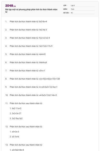 Bài tập một số phương pháp phân tích đa thức thành nhân tử