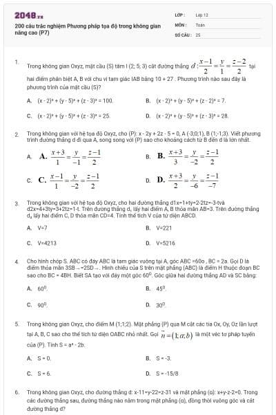 200 câu trắc nghiệm Phương pháp tọa độ trong không gian nâng cao (P7)