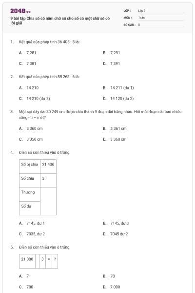9 bài tập Chia số có năm chữ số cho số có một chữ số có lời giải