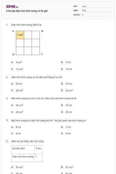 8 bài tập Diện tích hình vuông có lời giải