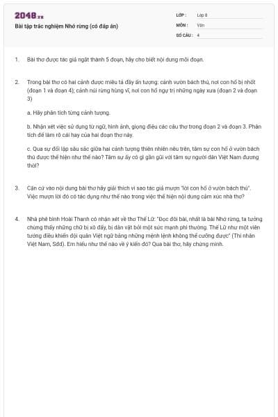 Bài tập trắc nghiệm Nhớ rừng (có đáp án)