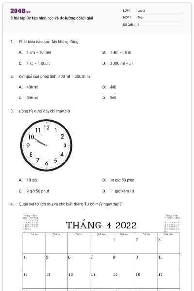 8 bài tập Ôn tập hình học và đo lường có lời giải