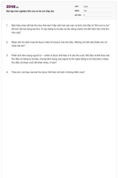 Bài tập trắc nghiệm Khi con tu hú (có đáp án)