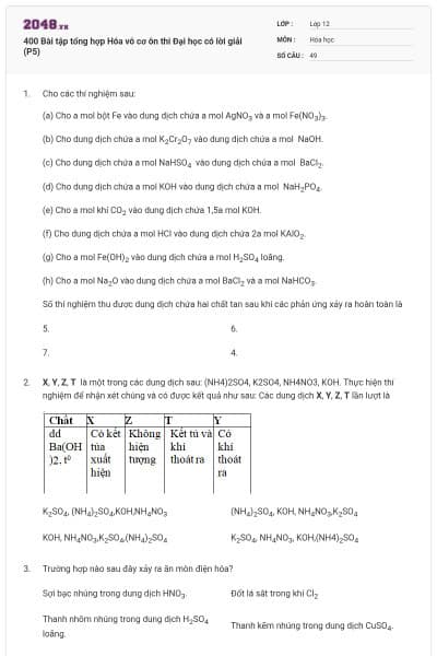 400 Bài tập tổng hợp Hóa vô cơ ôn thi Đại học có lời giải (P5)