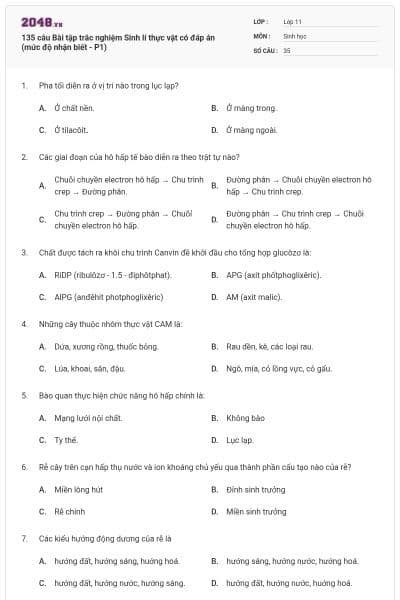135 câu Bài tập trắc nghiệm Sinh lí thực vật có đáp án (mức độ nhận biết - P1)