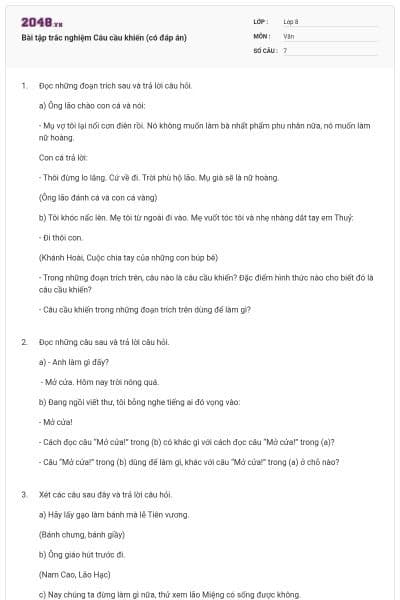 Bài tập trắc nghiệm Câu cầu khiến (có đáp án)