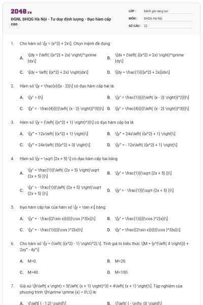 ĐGNL ĐHQG Hà Nội - Tư duy định lượng - Đạo hàm cấp cao