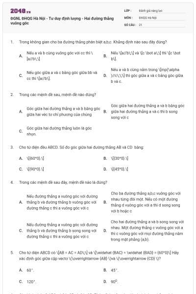 ĐGNL ĐHQG Hà Nội - Tư duy định lượng - Hai đường thẳng vuông góc