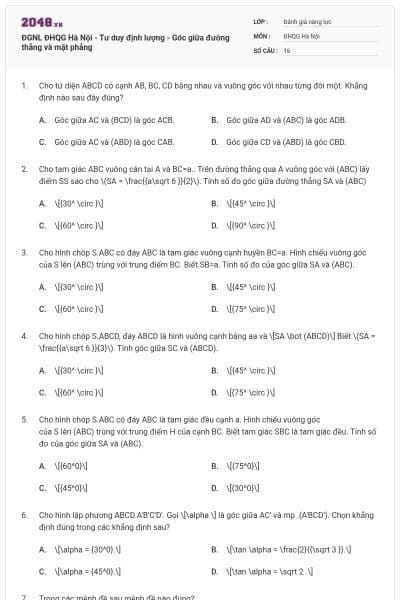 ĐGNL ĐHQG Hà Nội - Tư duy định lượng - Góc giữa đường thẳng và mặt phẳng