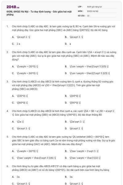 ĐGNL ĐHQG Hà Nội - Tư duy định lượng - Góc giữa hai mặt phẳng
