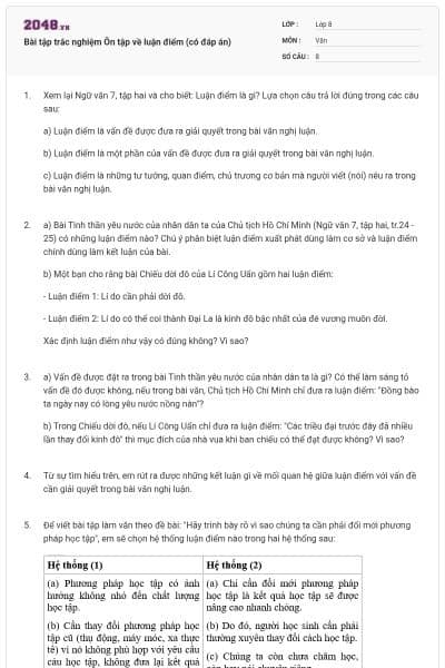 Bài tập trắc nghiệm Ôn tập về luận điểm (có đáp án)