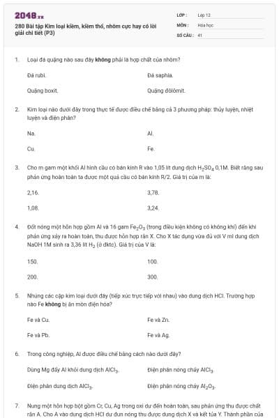 280 Bài tập Kim loại kiềm, kiềm thổ, nhôm cực hay có lời giải chi tiết (P3)